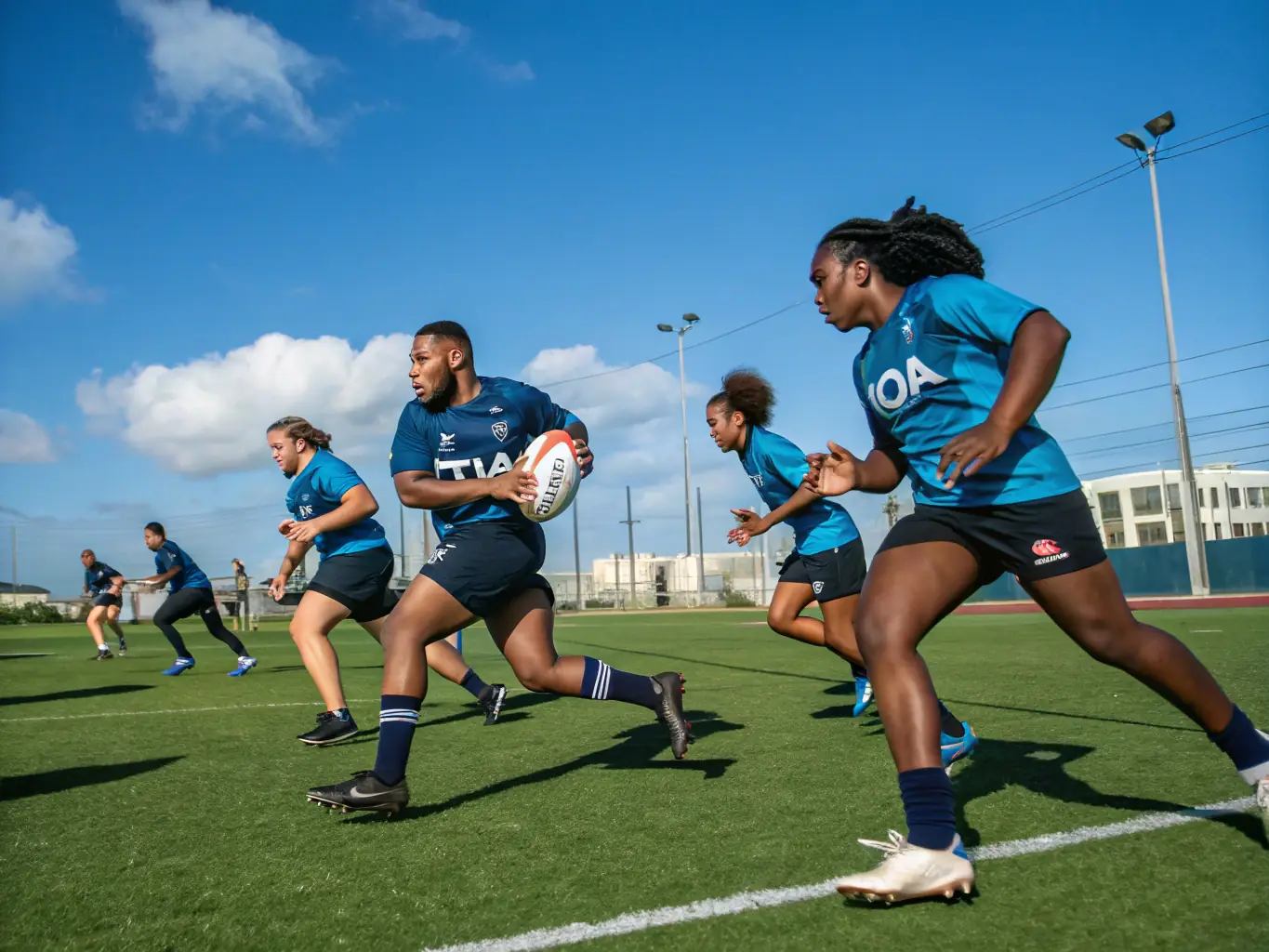 An image of adult rugby players participating in a training session, focusing on advanced techniques and strategies. The players are demonstrating their commitment to the sport and their physical fitness.
