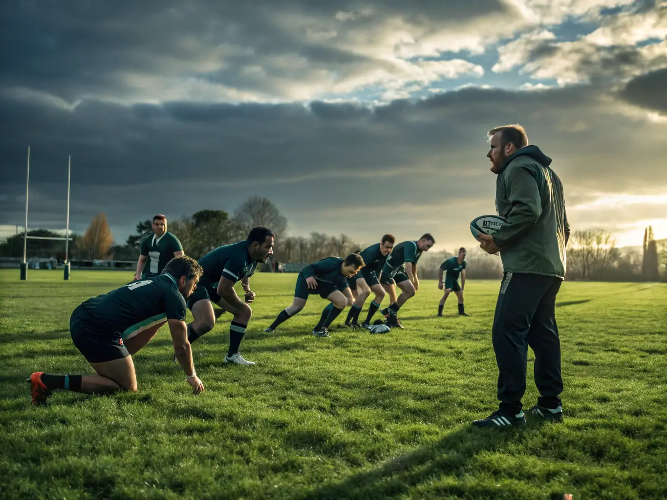 A dynamic image showcasing young players participating in a rugby league training session, emphasizing teamwork and skill development under the guidance of experienced coaches at V.A.R XIII.