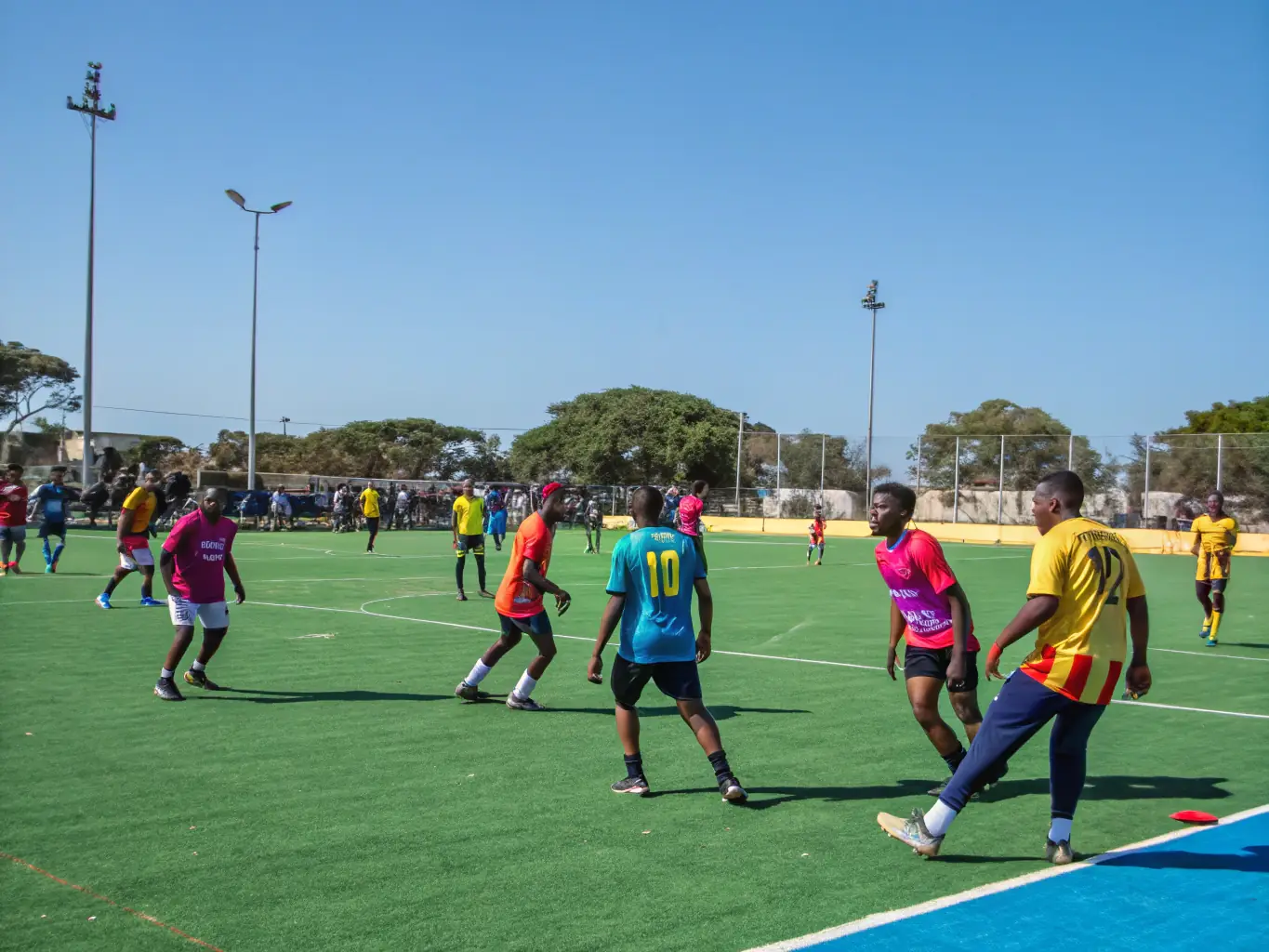 An action shot of a recreational rugby league competition, capturing the excitement and camaraderie of the players as they compete in a friendly match organized by V.A.R XIII.
